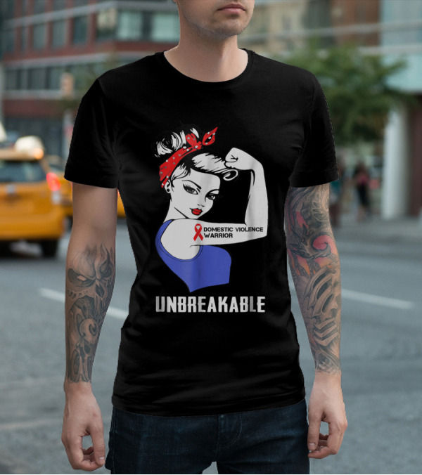 Domestic Violence Warrior Unbreakable Rosie Riveter Red Ribbon T-Shirt