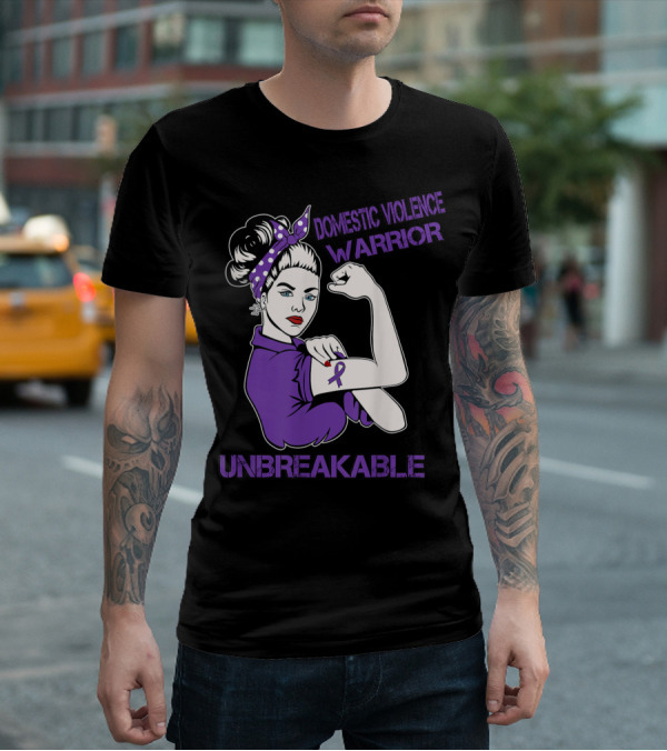 Domestic Violence Warrior Unbreakable Purple Ribbon Empowerment T-Shirt