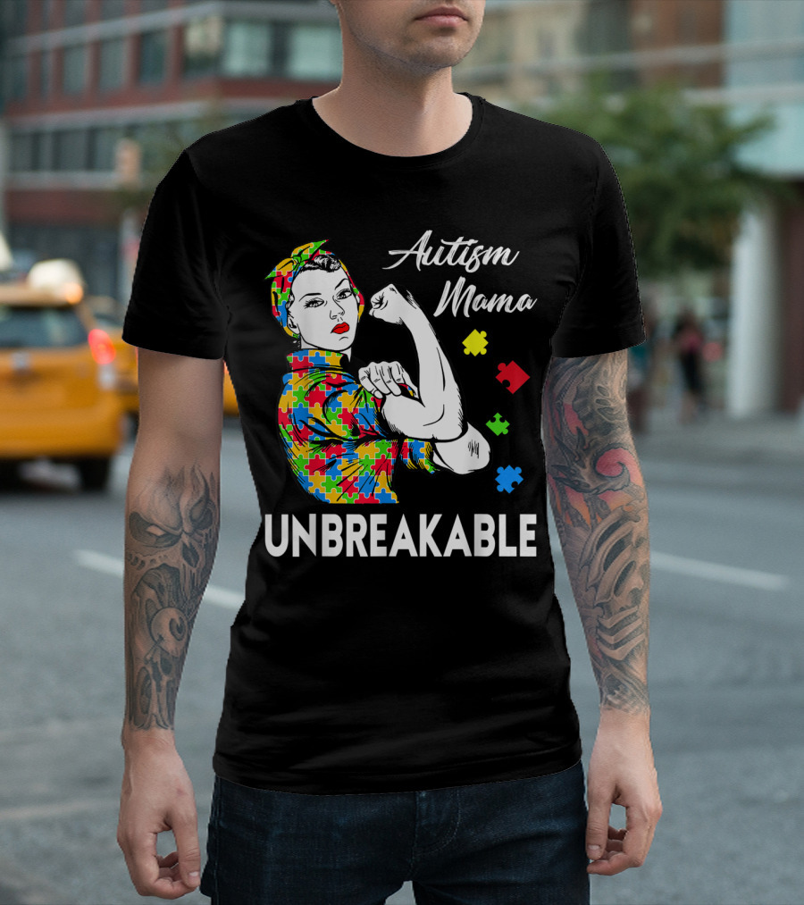 Autism Mama Unbreakable with Puzzle Pieces Rosie the Riveter Autism Awareness T-Shirt