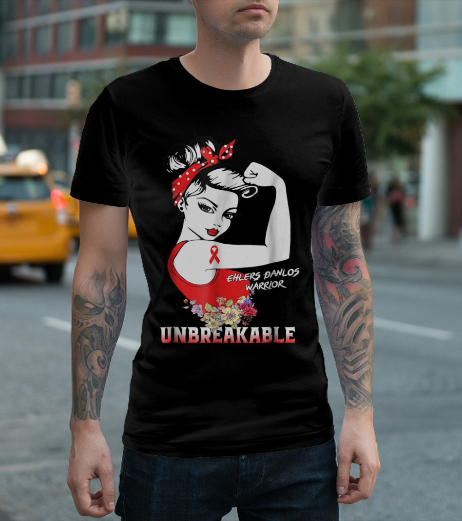 Ehlers Danlos Warrior Unbreakable Rosie The Riveter Style With Ribbon And Floral Elements T-Shirt