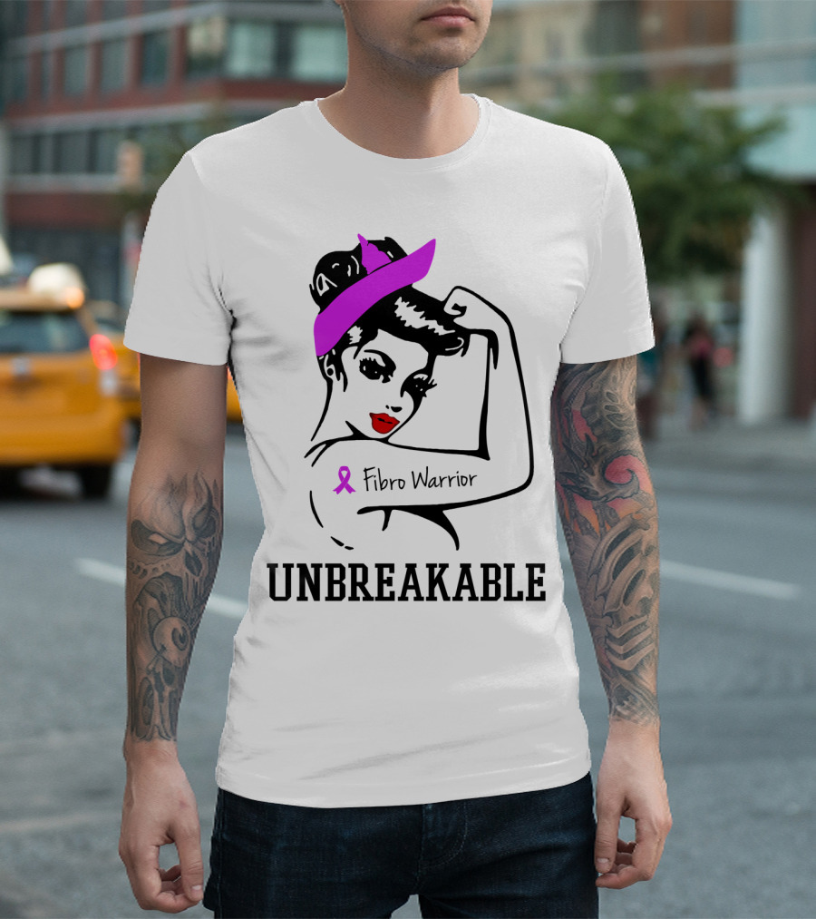 Fibro Warrior Unbreakable Strong Woman with Pink Ribbon and Purple Hair Bow T-Shirt