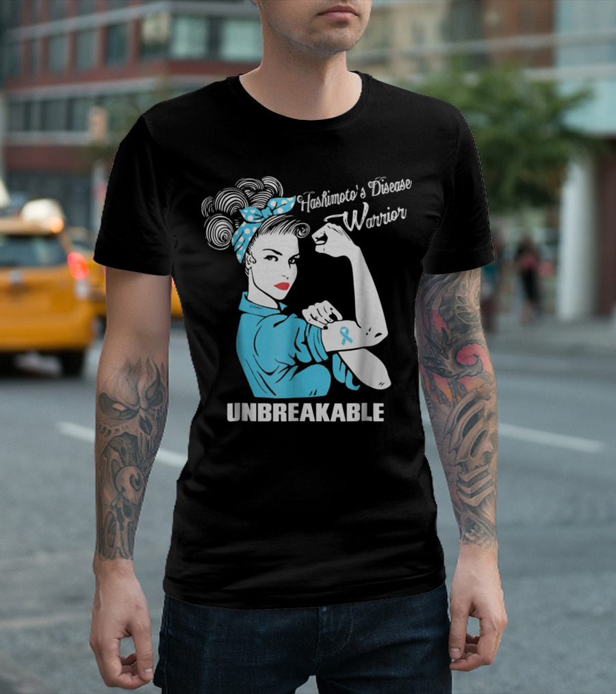 Hashimoto's Disease Warrior Unbreakable Rosie Riveter Style Blue Awareness T-Shirt