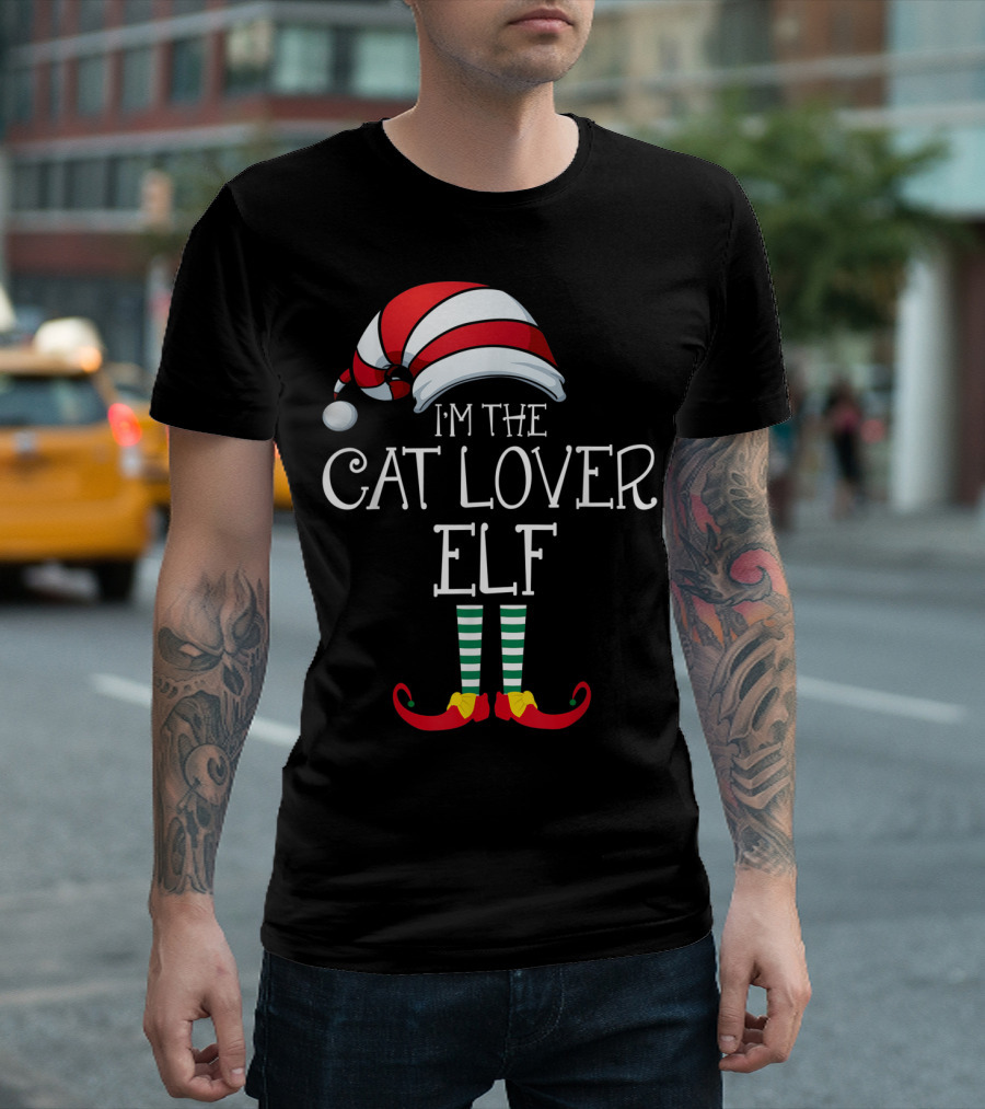 I'm The Cat Lover Elf Family Christmas Hat And Striped Socks T-Shirt