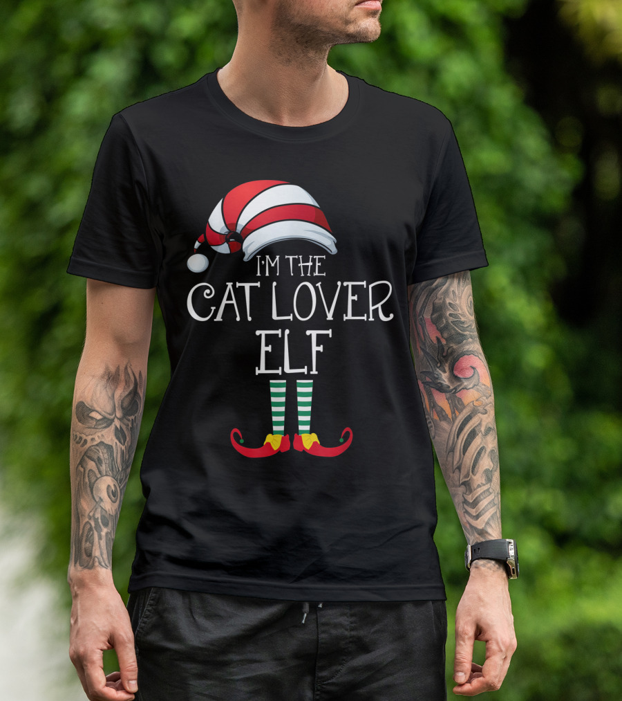 I'm The Cat Lover Elf Family Christmas Hat And Striped Socks T-Shirt
