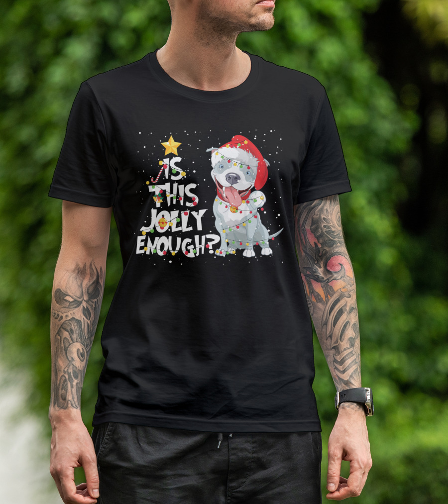 Is This Jolly Enough Funny Pitbull Dog Lovers Christmas Santa Hat Lights T-Shirt