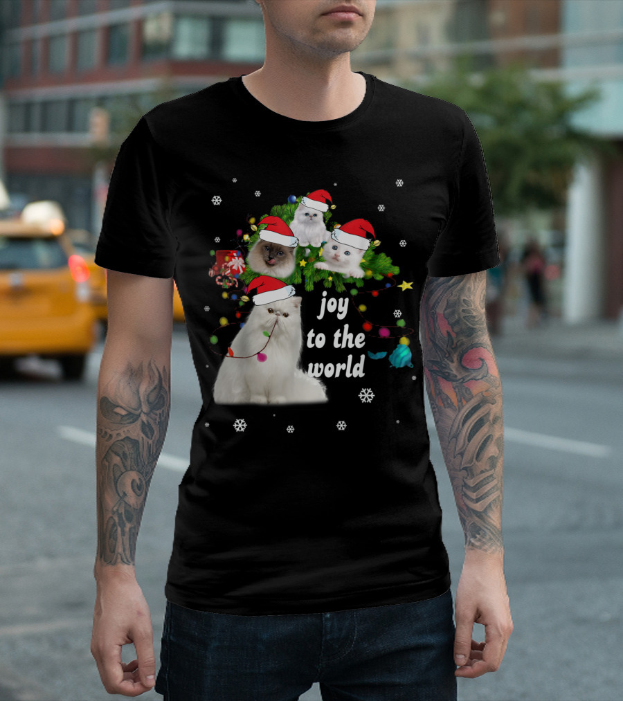 Joy to the World Christmas Cats with Santa Hats and Snowflakes T-Shirt