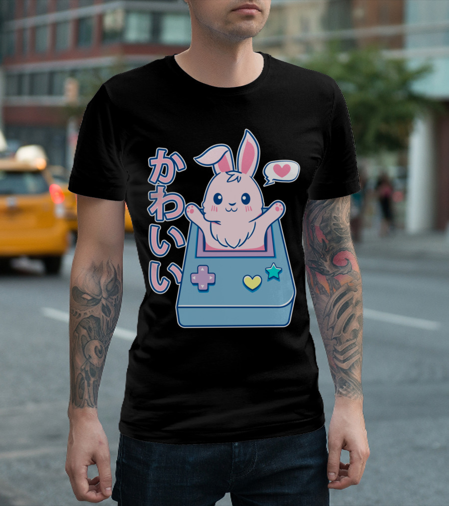 Kawaii Gamer Bunny Rabbit In Pastel Colors With Japanese Text And Game Console T-Shirt