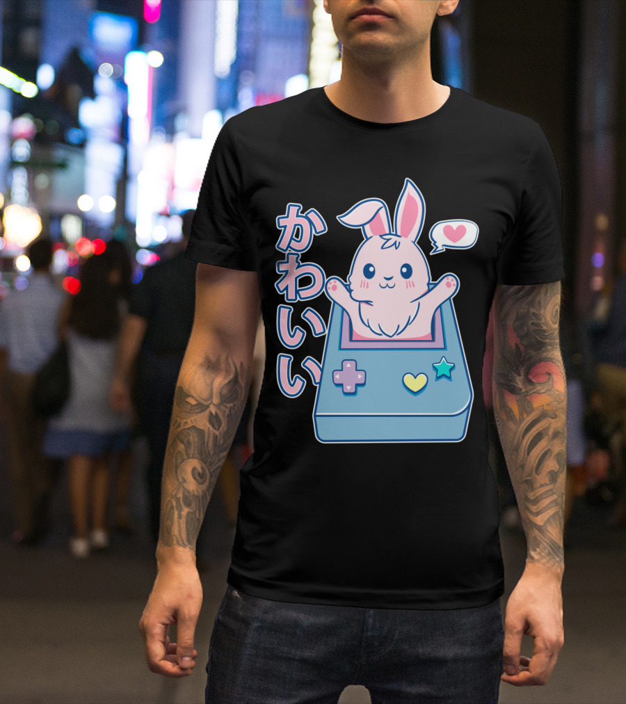 Kawaii Gamer Bunny Rabbit In Pastel Colors With Japanese Text And Game Console T-Shirt