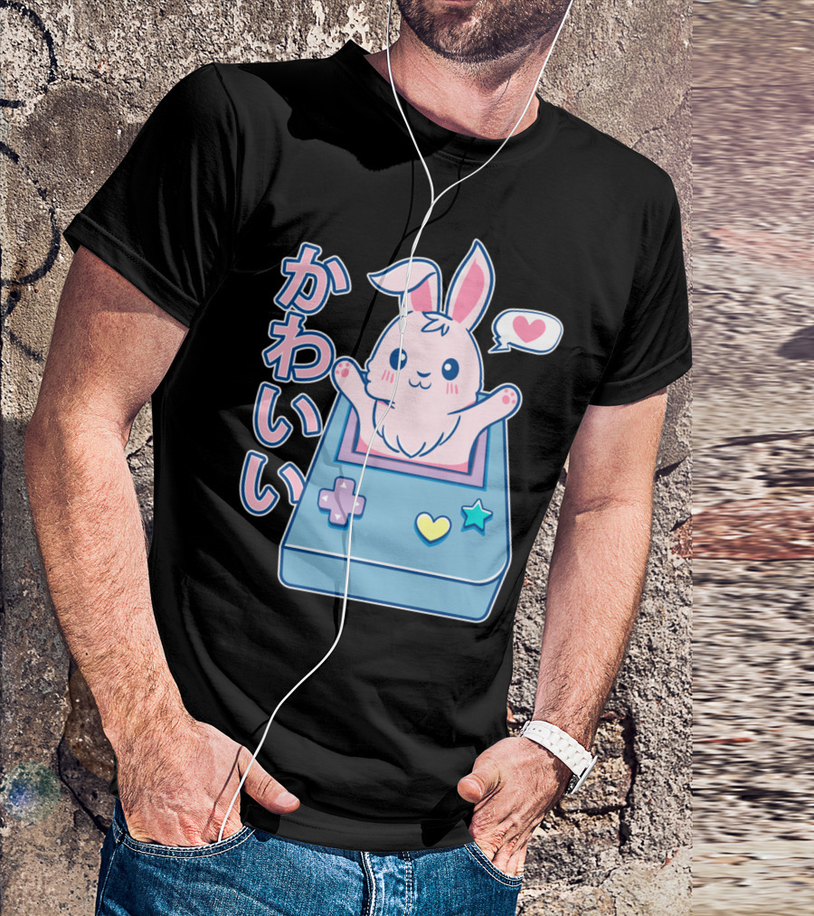 Kawaii Gamer Bunny Rabbit In Pastel Colors With Japanese Text And Game Console T-Shirt