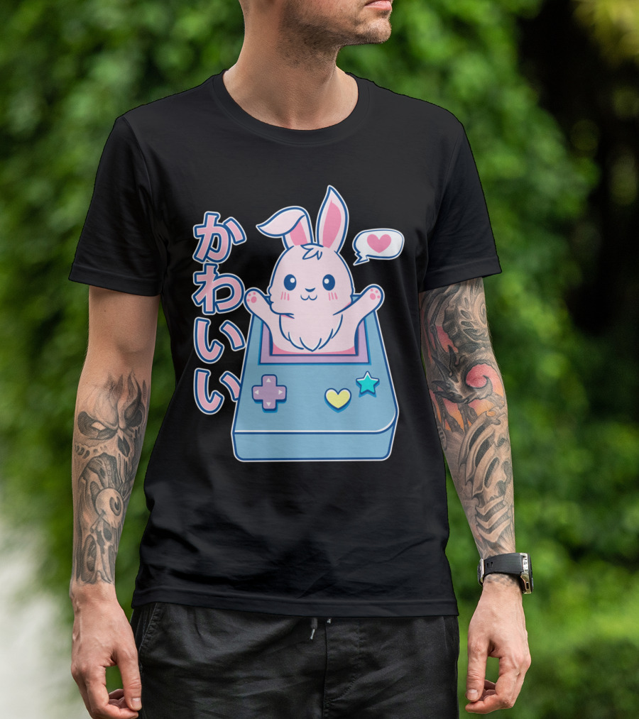 Kawaii Gamer Bunny Rabbit In Pastel Colors With Japanese Text And Game Console T-Shirt