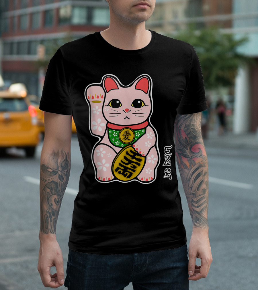 Lucky Cat Manekineko Japanese Love Prosperity Symbol Icon Floral T-Shirt