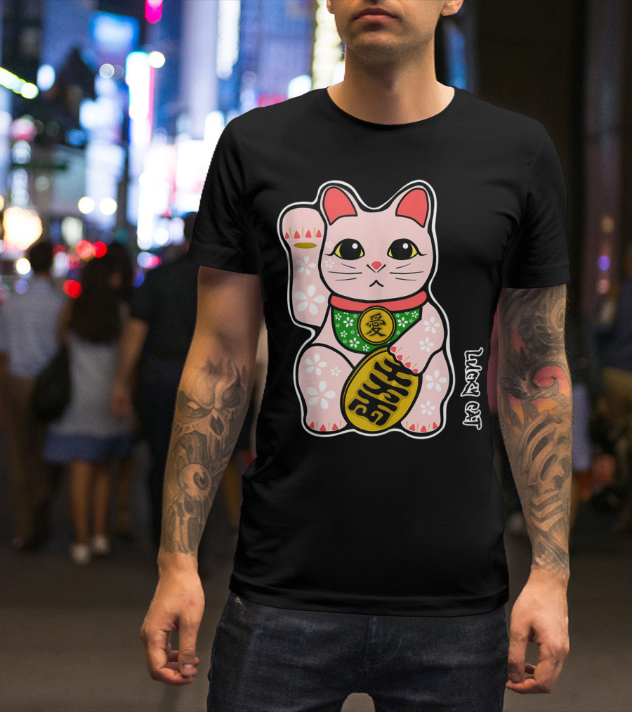 Lucky Cat Manekineko Japanese Love Prosperity Symbol Icon Floral T-Shirt
