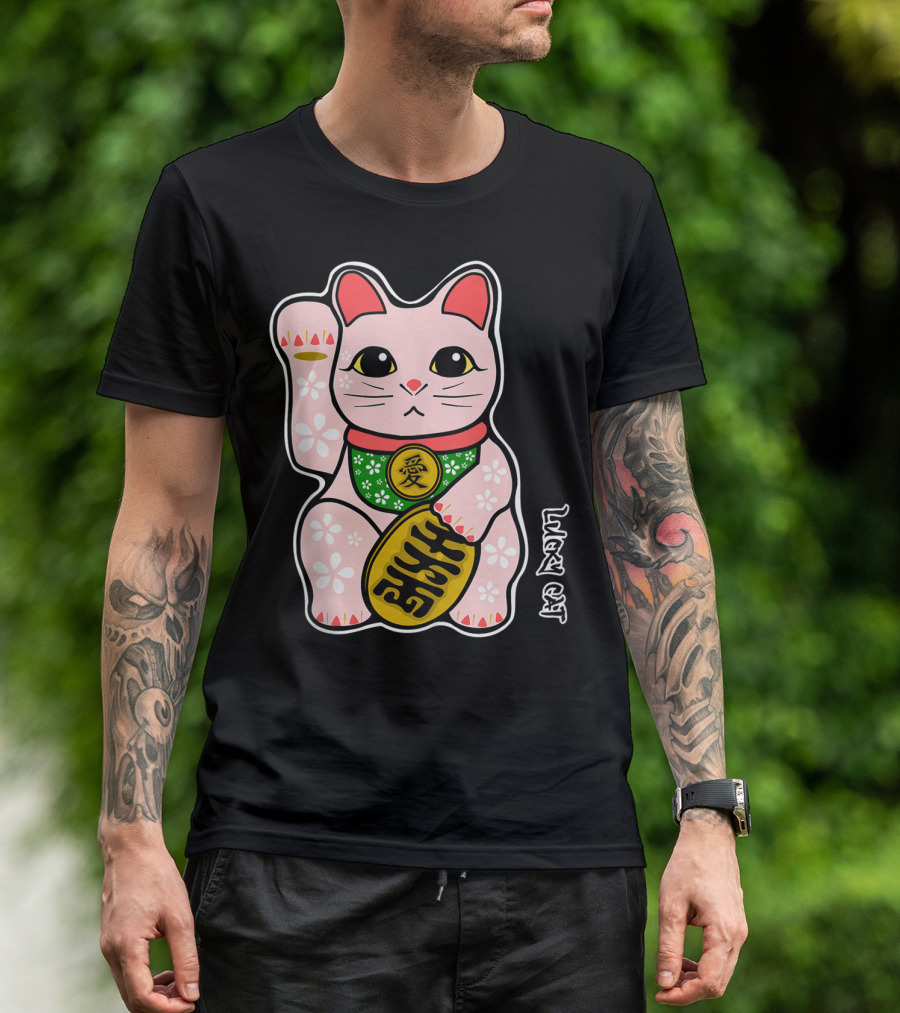 Lucky Cat Manekineko Japanese Love Prosperity Symbol Icon Floral T-Shirt