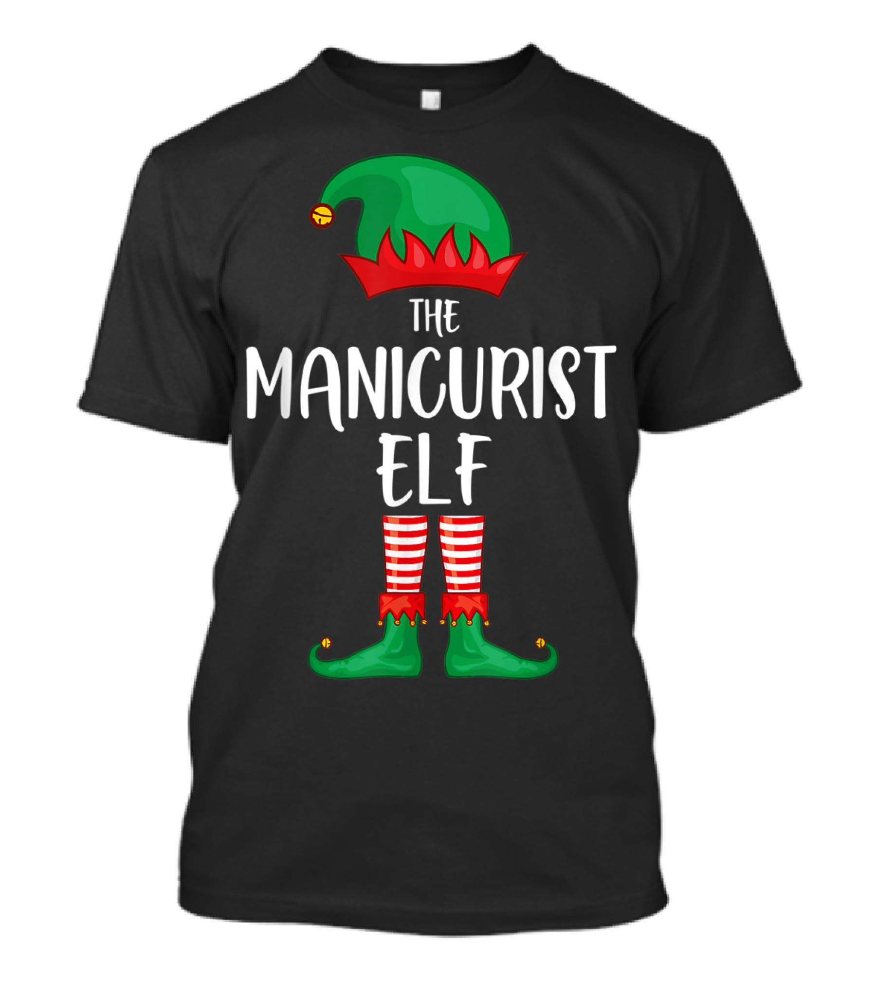 The Manicurist Elf Christmas Party Outfit With Striped Tights And Green Shoes T-Shirt