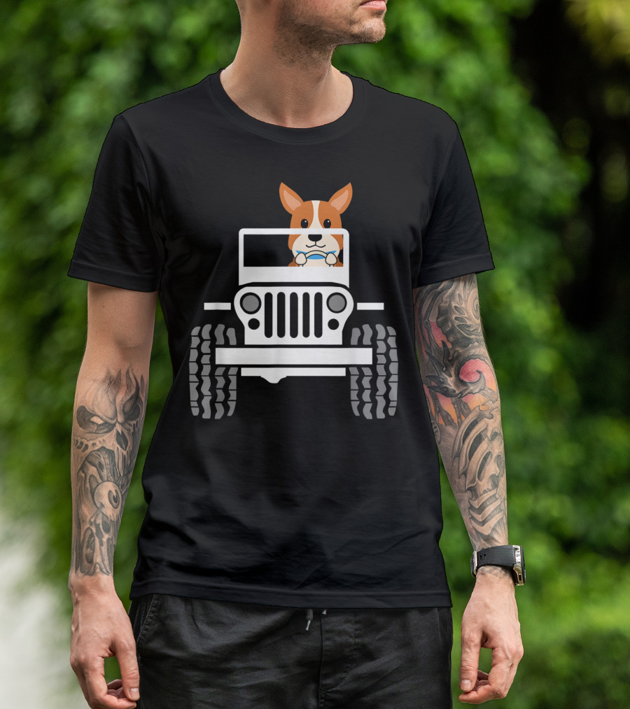 Mens Funny Cute Corgi Jeep Dog T-Shirt