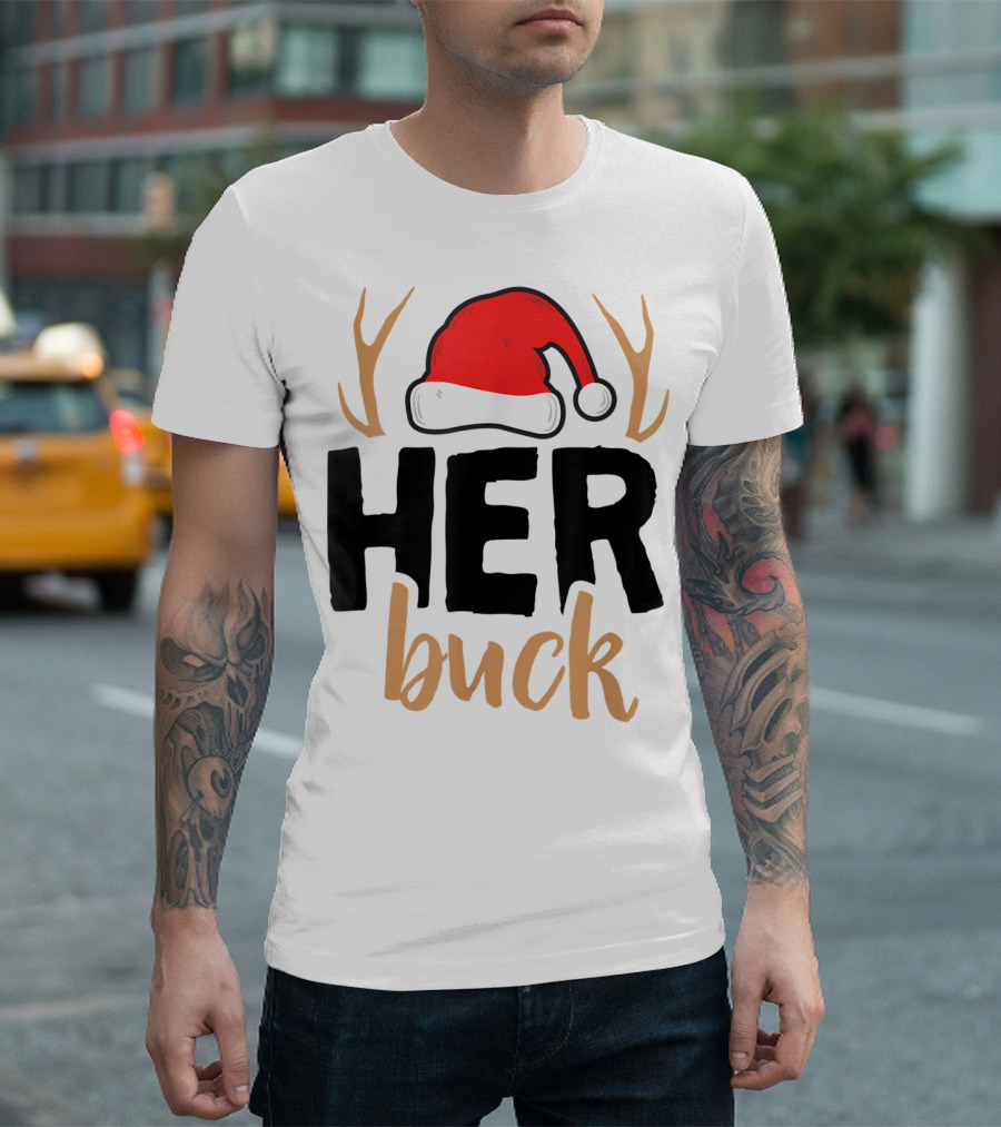 Her Buck Christmas Antlers Santa Hat Matching Mens T-Shirt