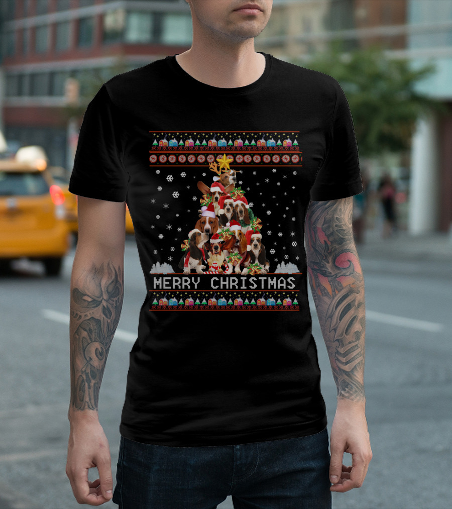 Merry Christmas Basset Hound Dogs in Festive Holiday Winter Wonderland with Snowflakes and Decorations T-Shirt