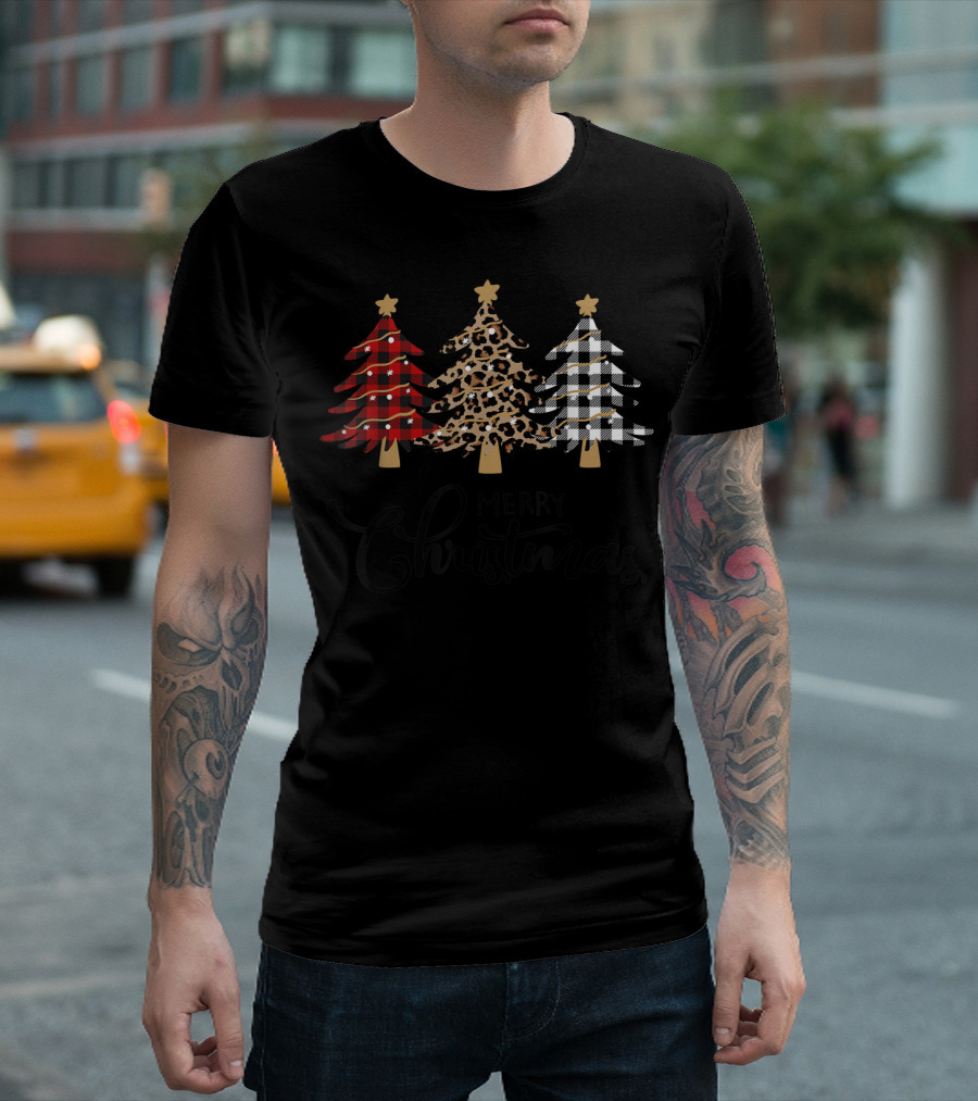 Merry Christmas Plaid Leopard Trees T-Shirt