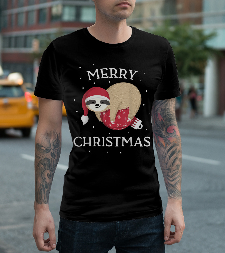 Merry Christmas Sloth Santa Hat Snowflakes T-Shirt