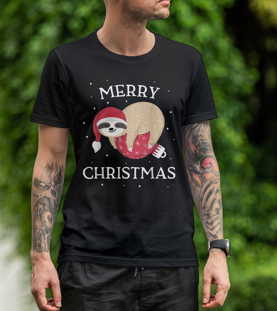 Merry Christmas Sloth Santa Hat Snowflakes T-Shirt