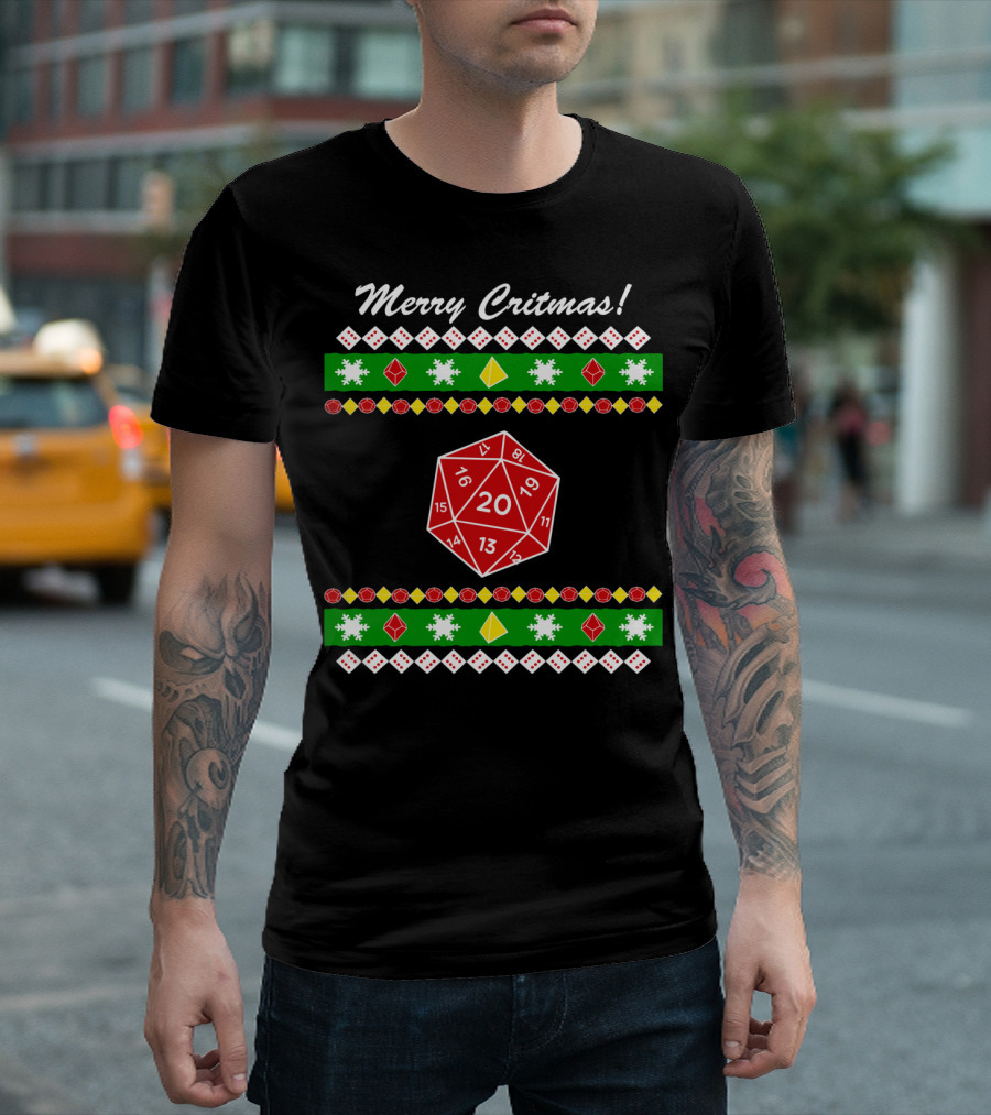 Merry Critmas 20-Sided Dice Dungeon Holiday Game Snowflakes T-Shirt
