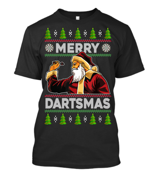 Merry Dartmas Santa Claus Playing Darts With Christmas Trees And Snowflakes T-Shirt