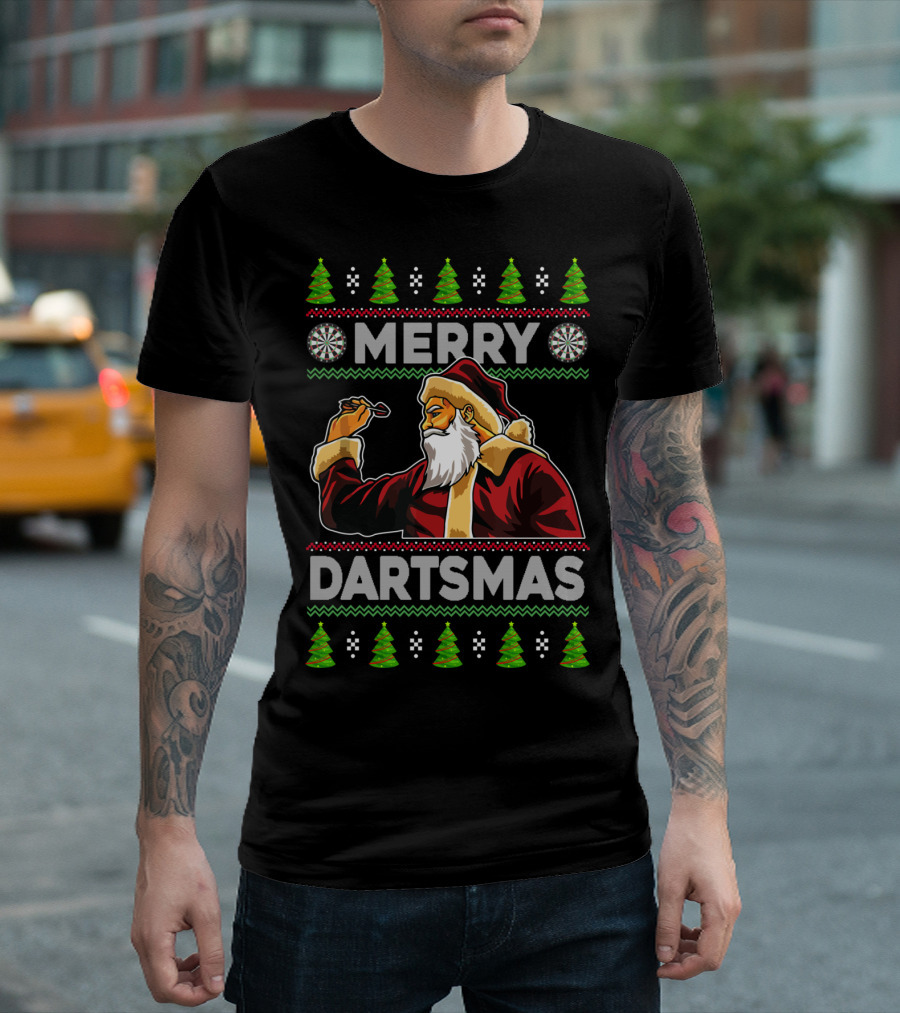 Merry Dartmas Santa Claus Playing Darts With Christmas Trees And Snowflakes T-Shirt