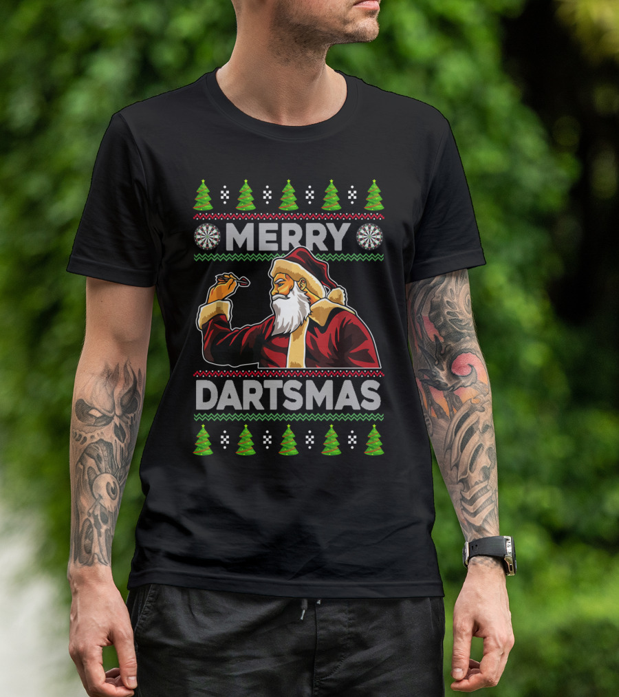 Merry Dartmas Santa Claus Playing Darts With Christmas Trees And Snowflakes T-Shirt