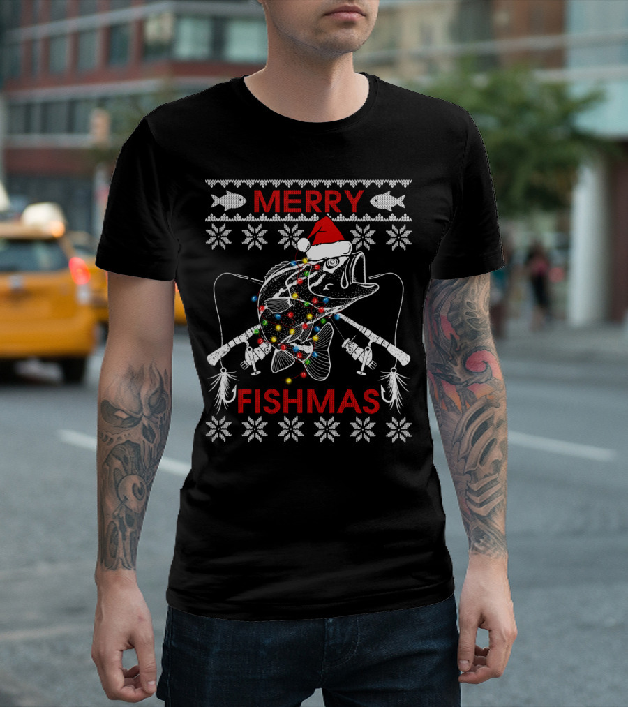 Merry Fishmas Ugly Xmas Santa Hat Bass with Fishing Rods and Lights T-Shirt