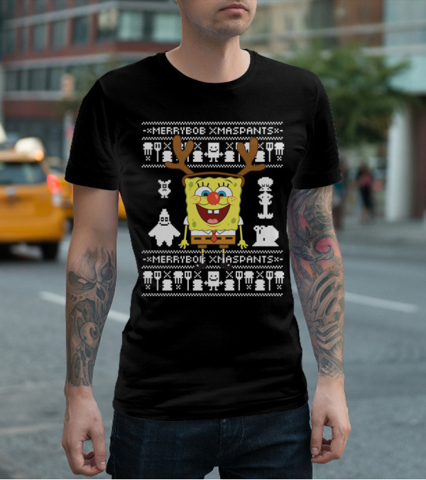 Merrybob Xmaspants Ugly Xmas SpongeBob Reindeer Pixel T-Shirt
