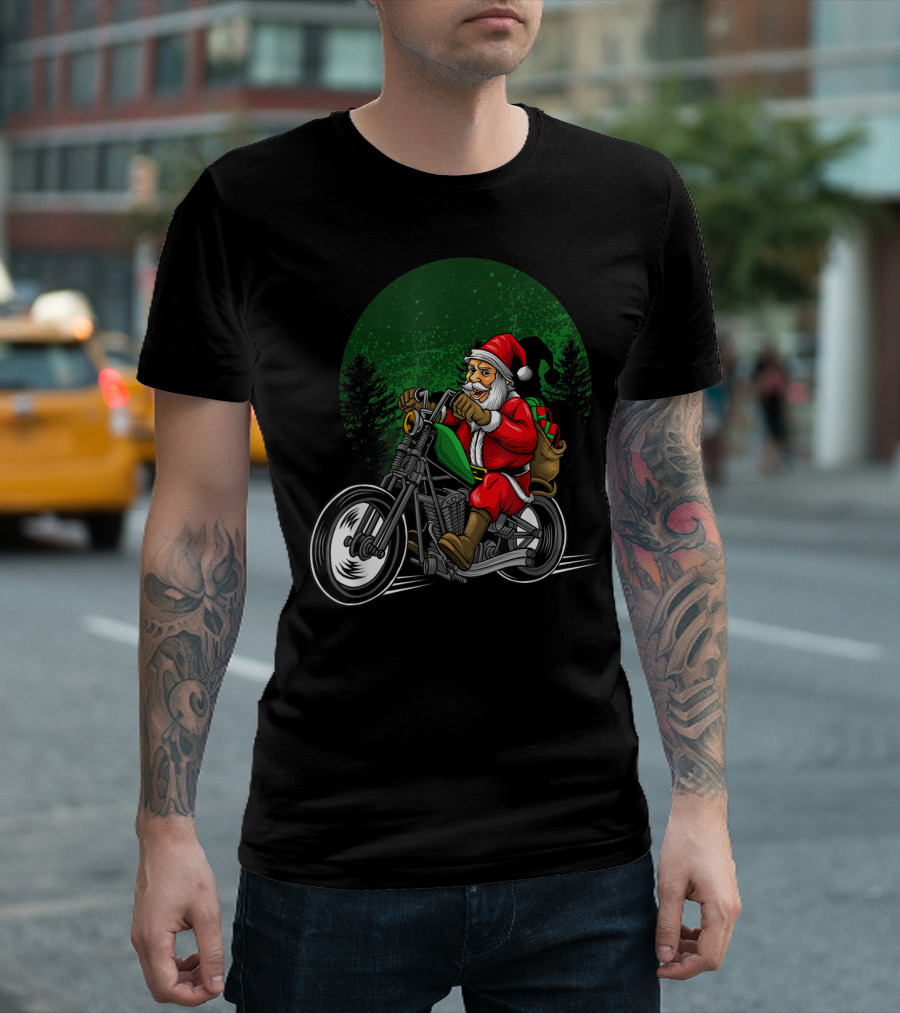 Motorcycle Santa Riding Through Festive Forest T-Shirt