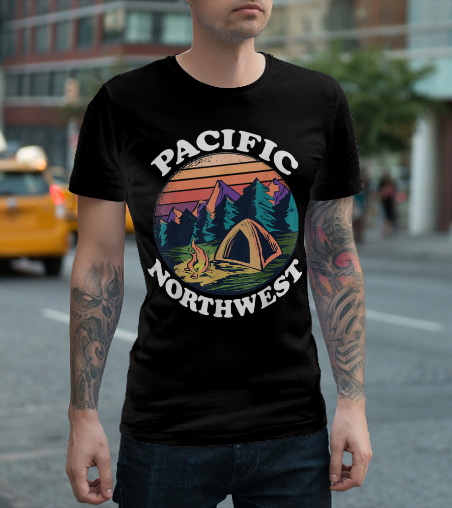 Pacific Northwest Camping Tent Campfire Forest Scene T-Shirt