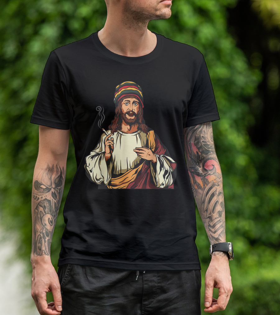 Pot Smoking Jesus Christ Cannabis Weed Rasta Hat Smoking Joint T-Shirt