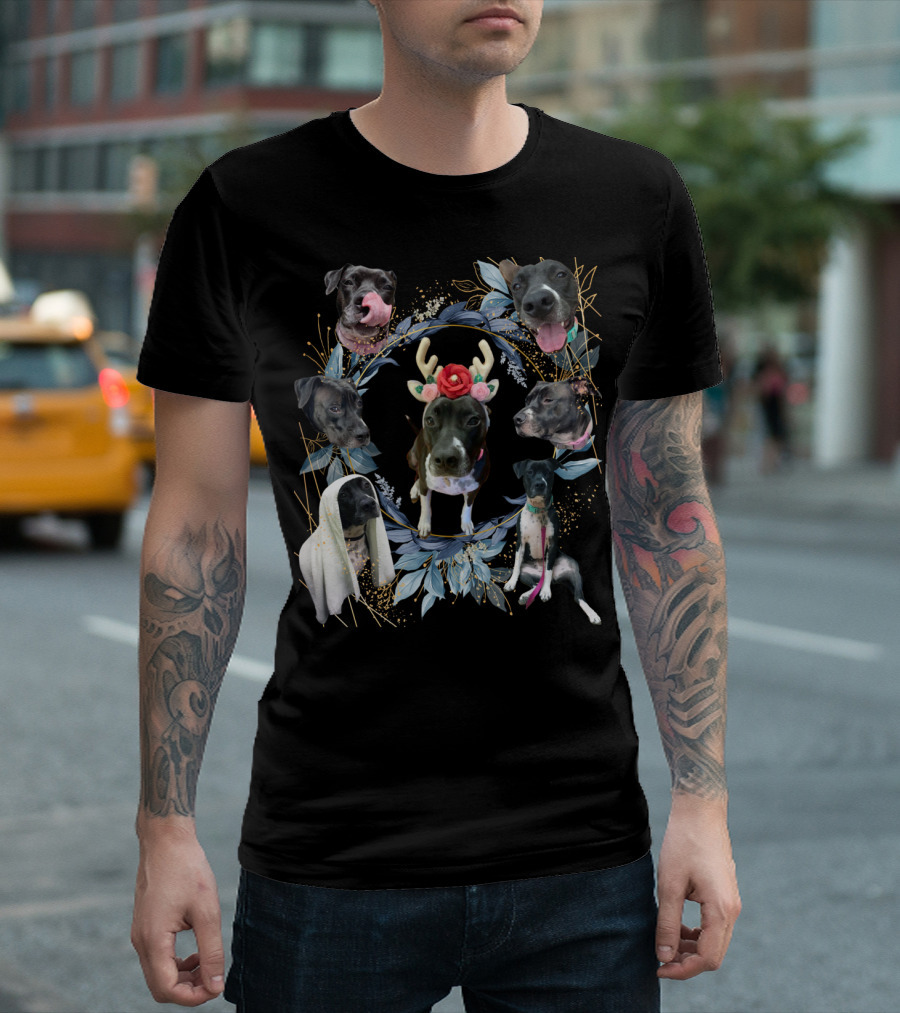Puppy Holiday Antler Flower Dog Faces Wreath T-Shirt