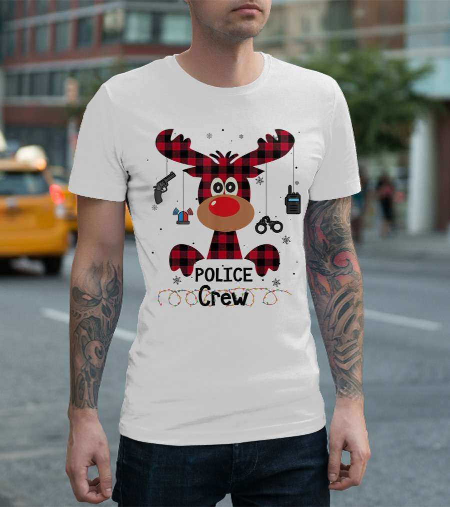 Red Plaid Reindeer Face Police Crew With Holiday Lights and Law Enforcement Icons T-Shirt