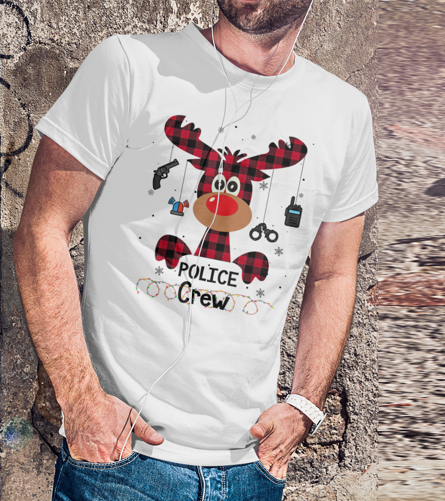 Red Plaid Reindeer Face Police Crew With Holiday Lights And Law Enforcement Icons T-Shirt