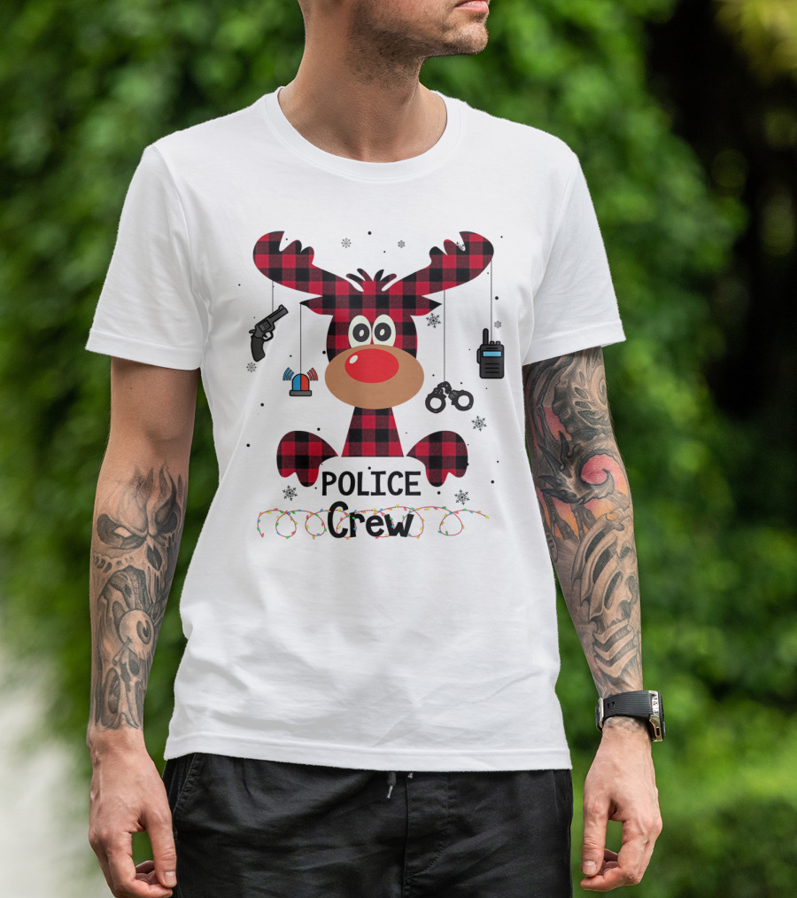 Red Plaid Reindeer Face Police Crew With Holiday Lights And Law Enforcement Icons T-Shirt
