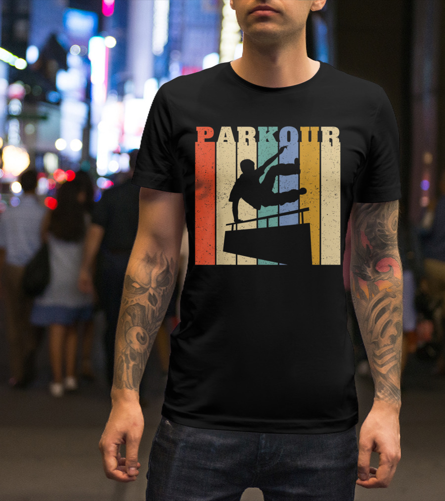 Retro Parkour Silhouette Against Striped Vintage Backdrop T-Shirt