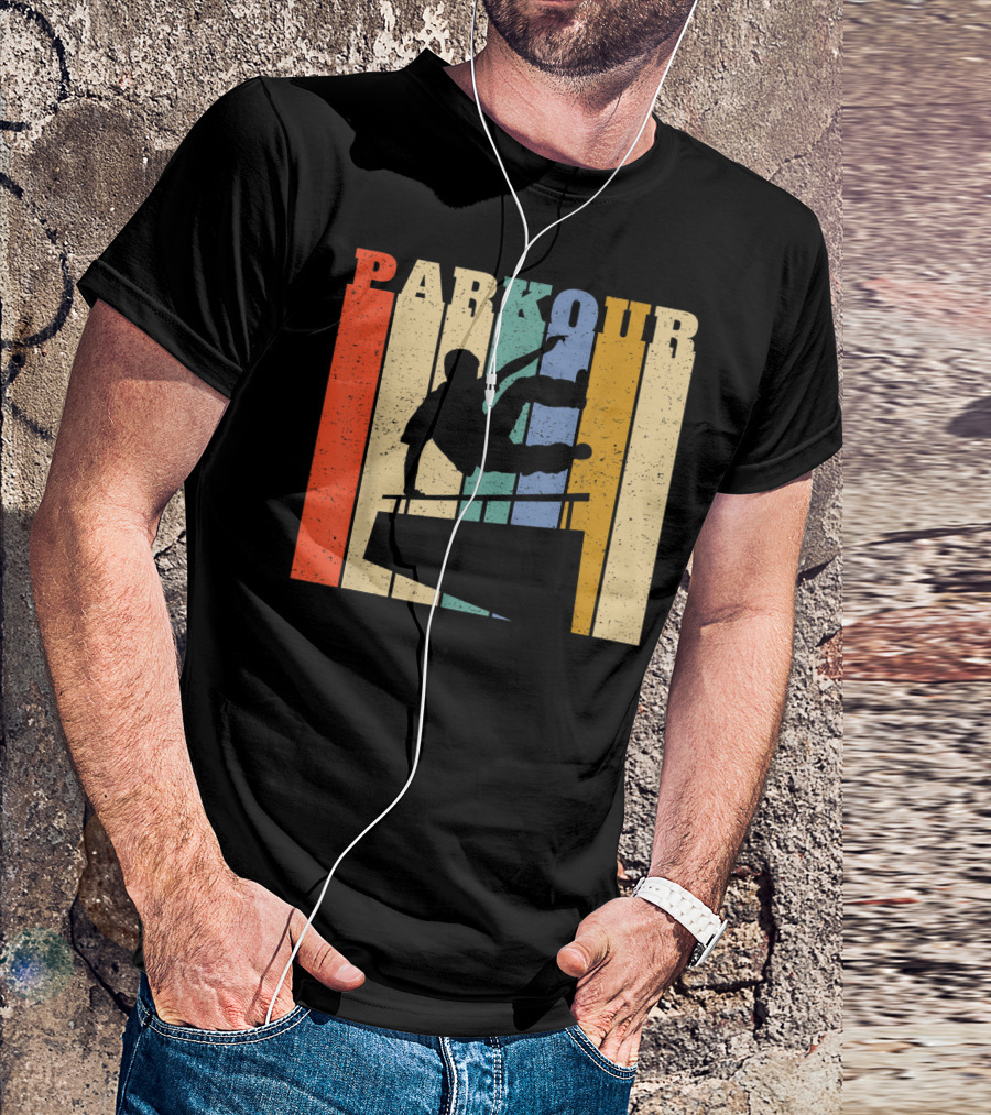 Retro Parkour Silhouette Against Striped Vintage Backdrop T-Shirt