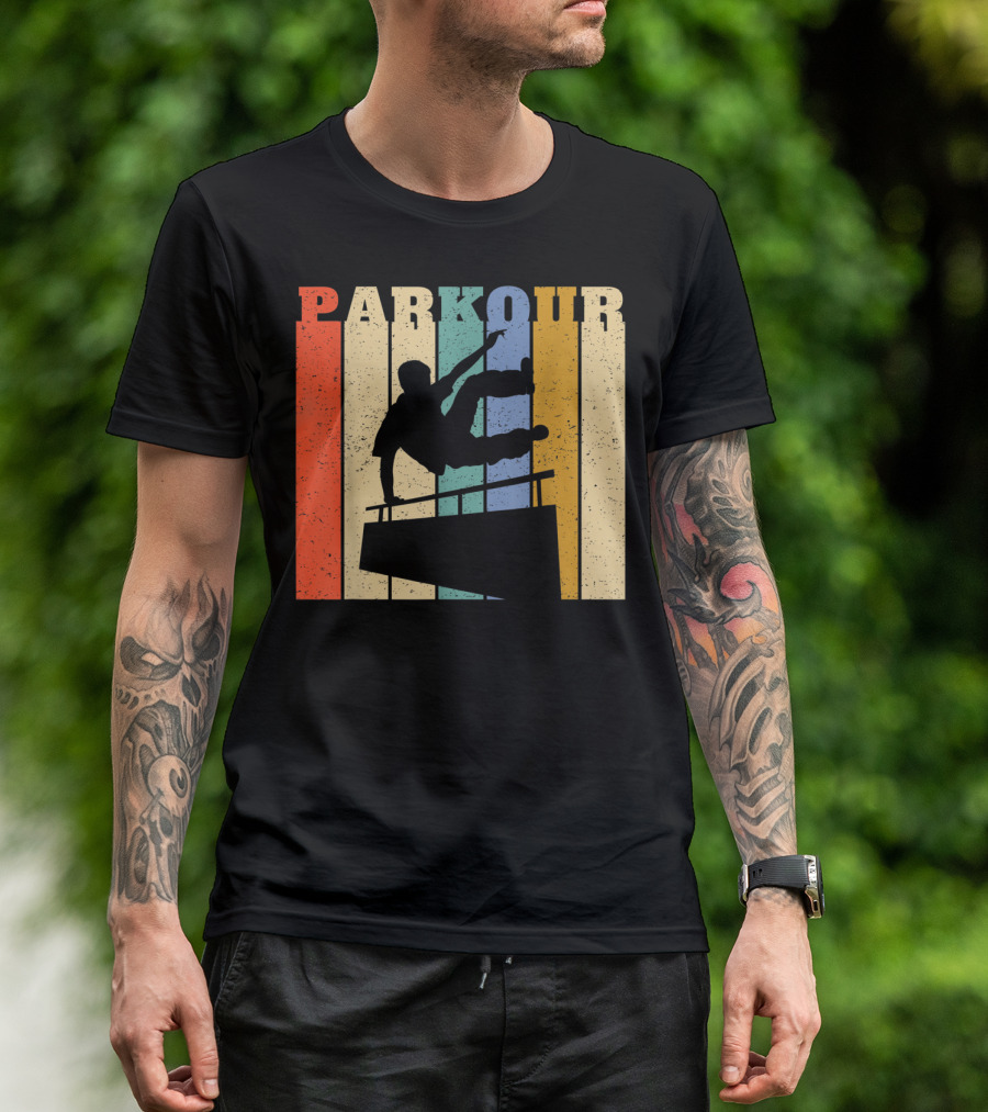 Retro Parkour Silhouette Against Striped Vintage Backdrop T-Shirt