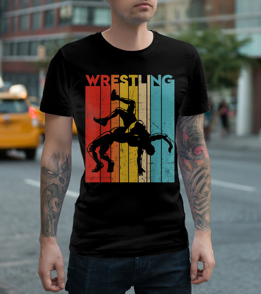 Wrestling Retro Vintage Silhouette Players on Colorful Stripes T-Shirt