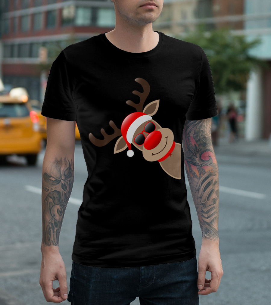 Rudolph Red Nose Reindeer Santa Hat Sunglasses T-Shirt