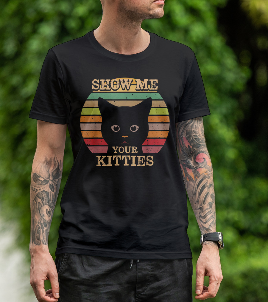 Show Me Your Kitties Retro Cat Lover Rainbow Stripes T-Shirt