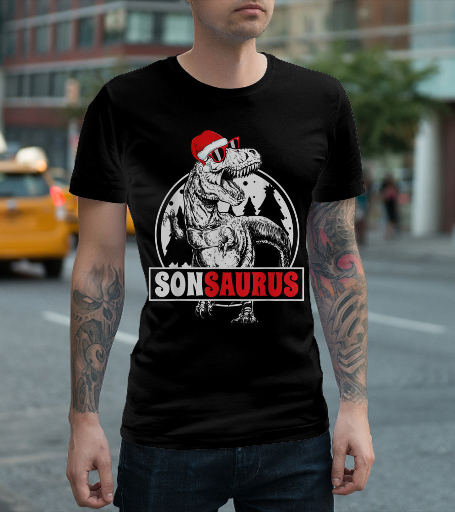 Sonsaurus Christmas Rex T-Rex Dinosaur Holiday Santa Hat T-Shirt