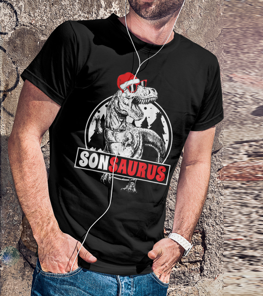 Sonsaurus Christmas Rex T-Rex Dinosaur Holiday Santa Hat T-Shirt