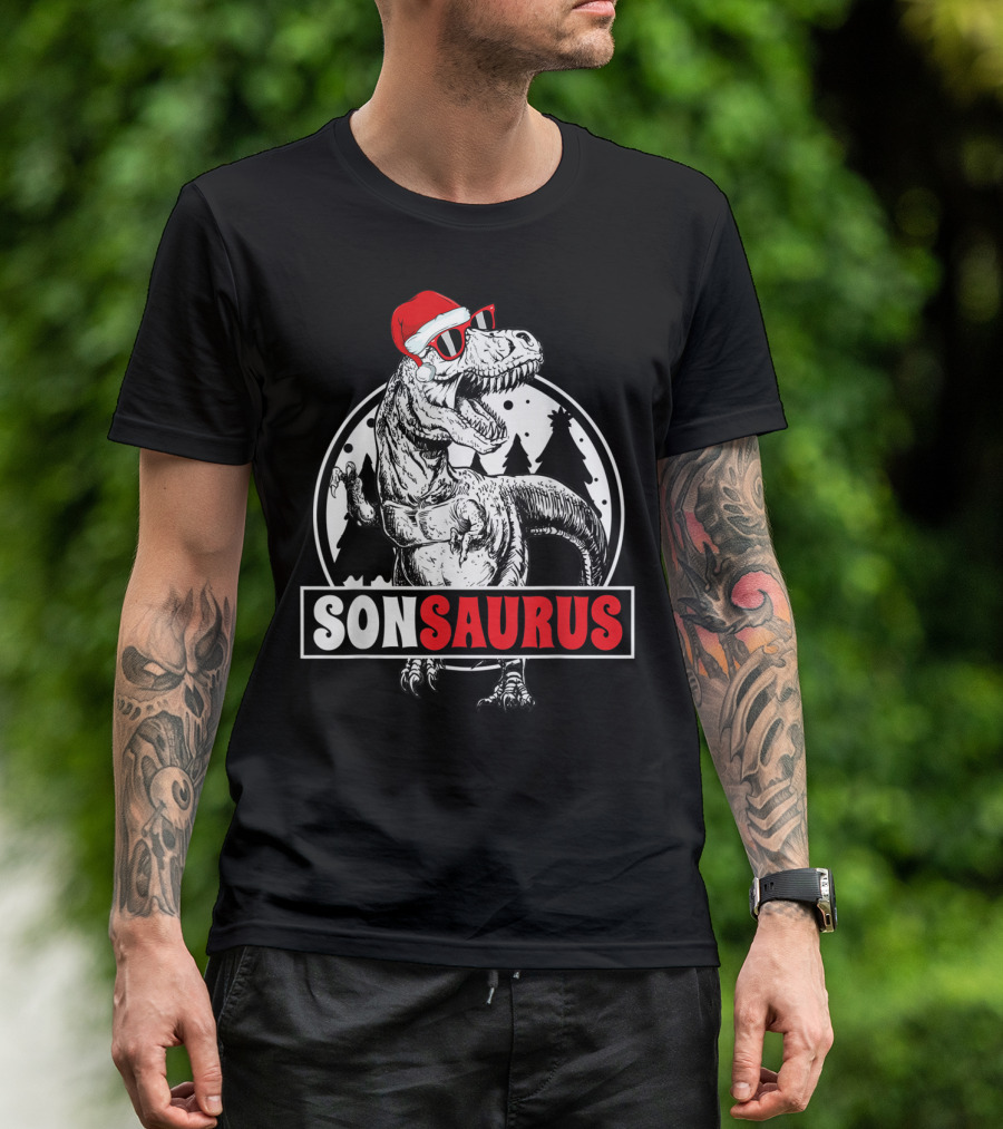 Sonsaurus Christmas Rex T-Rex Dinosaur Holiday Santa Hat T-Shirt