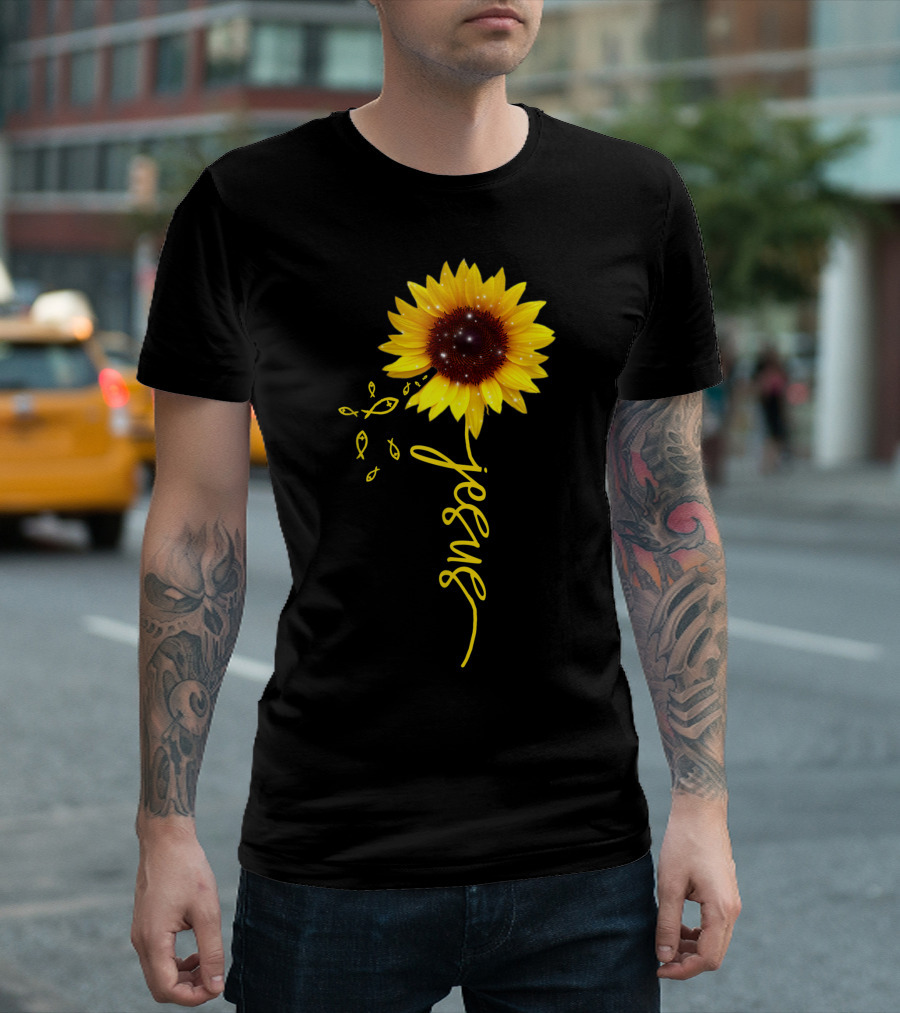 Sunflower Jesus Christian Faith Cross with Ichthys Symbols T-Shirt