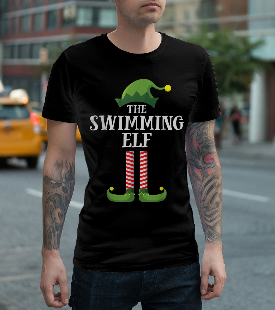 The Swimming Elf Matching Family Group Christmas Hat and Striped Stockings T-Shirt