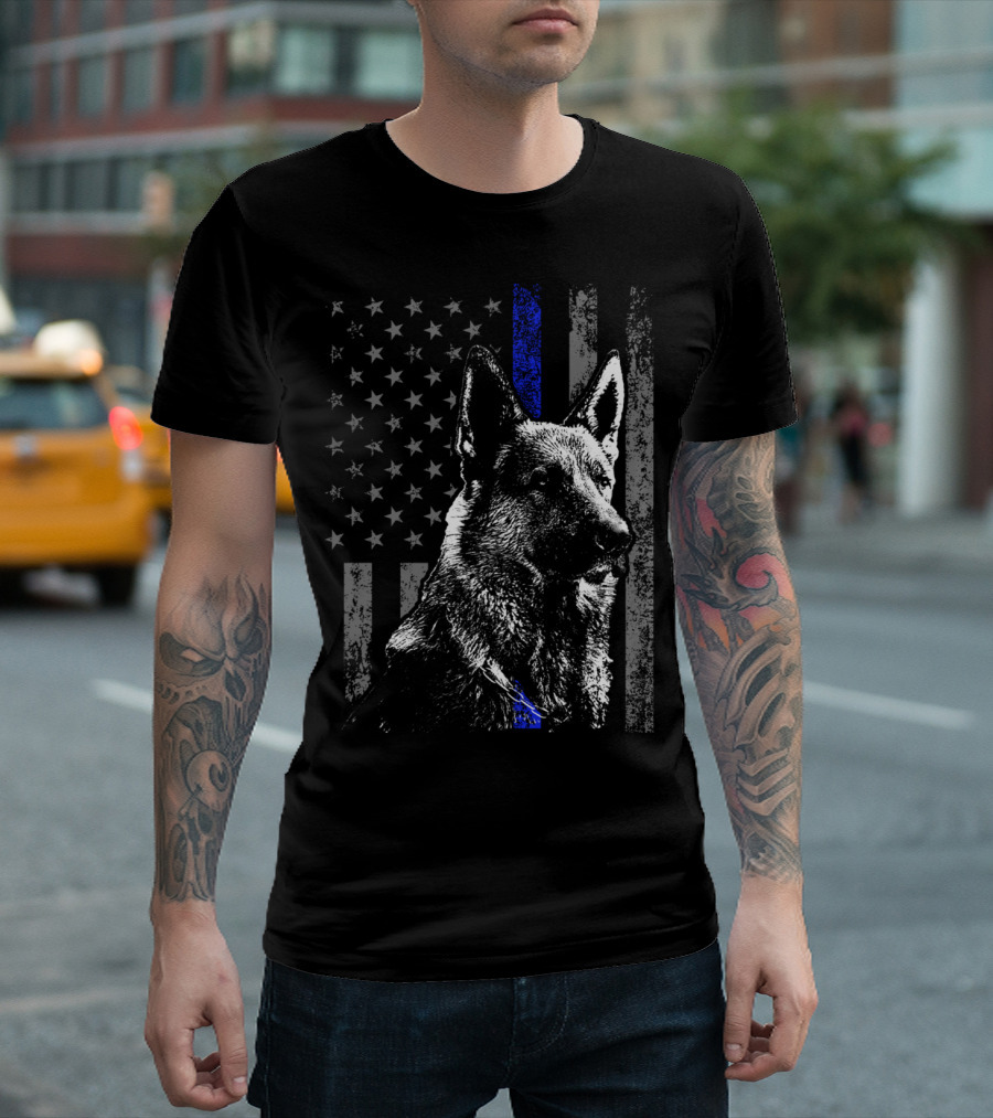 Thin Blue Line American Flag German Shepherd Police Dog T-Shirt
