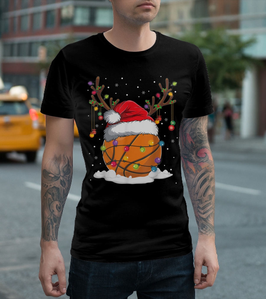 This Is My Christmas Basketball Player Santa Hat Reindeer Antlers Lights T-Shirt